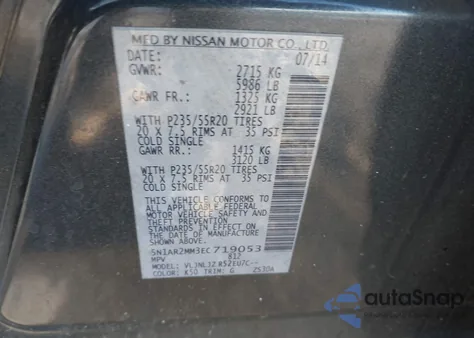 2014 Nissan Pathfinder Platinum from USA, damaged, VIN 5N1AR2MM3EC719053